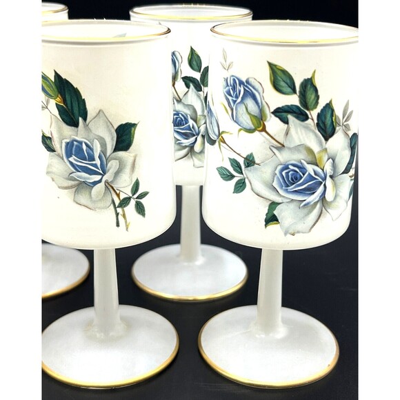 Norleans Frosted Wine Glass White Satin Art Italy Blue Flowers 24K Gold Trim Set - Picture 4 of 13